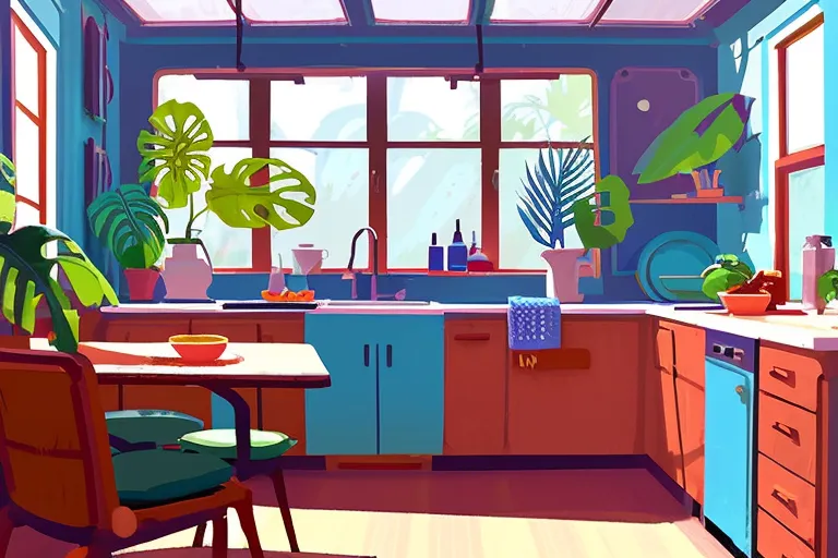 Breakfast at an (((open space))) (mid century mansion) kitchen with tropical plants outside of tall windows, Pixar, by (Simon Stalenhag), (rough concept art), (environmental concept art), (organic tracery), (((expressive brushwork))), dynamic shading, (((textured colors))), playful textures, rich saturation, intricate details, ((striking contrasts)), (((harsh gradients))), ((ethereal lighting)), clean lines, eye-catching highlights, digital painting