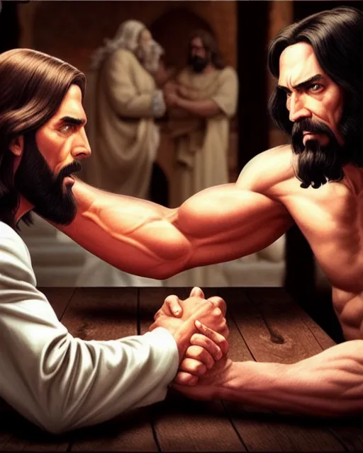jesus vs satan arm wrestling