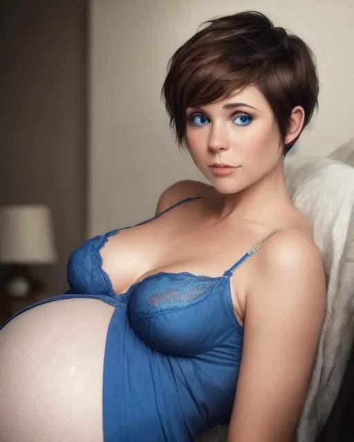 A pregnant woman in blue lingerie.  She has short brown hair in a pixie cut. She has blue eyes.  