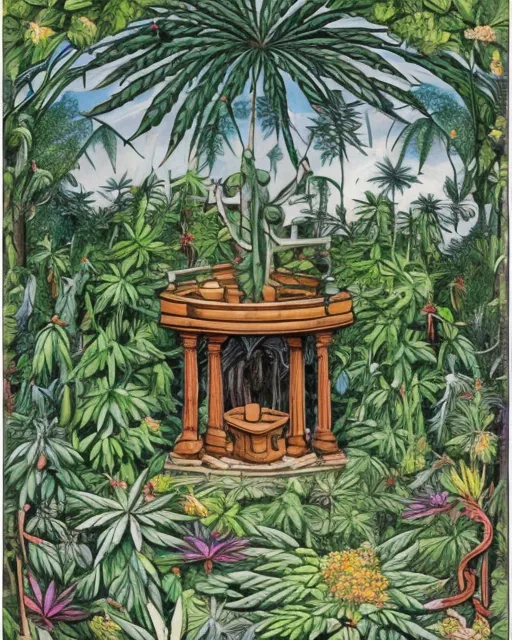 A sacred Well, In a magical landscape full of highly detailed hemp plants, is surrounded by many insanely detailed cannabis leaves and cannabis inflorescences