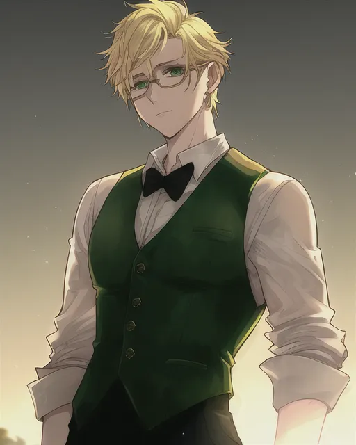 human man, green eyes short hair, dirty blonde hair, wearing a waistcoat, formal attire, glasses, golden hour