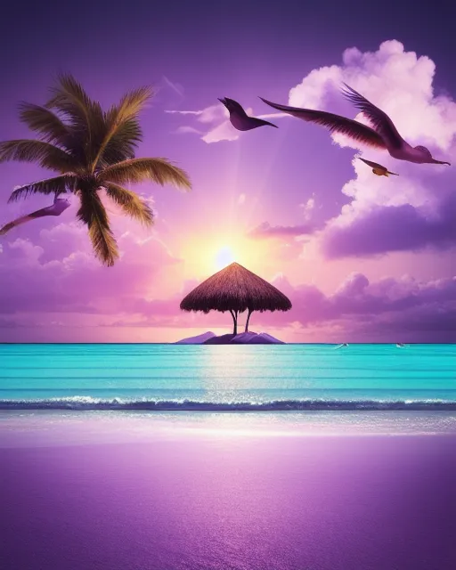 Landscape purple, tropical island in the middle of water, birds in the sky, waves