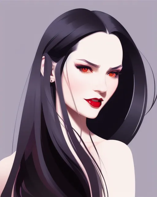 A beautiful modern American businesswoman with long, dark hair, vampire features with pale skin and fangs, 2d vector illustration portrait,  beautiful,  vibrant,  digital art, hyperrealism, futuristic, wlop, yanjun cheng, corporate memphis, futurism, hyperrealism, deviantart