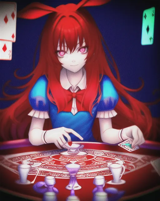 Alice in Wonderland with Red Hair, surrounded by teacups and playing cards, glowing neon, colorful