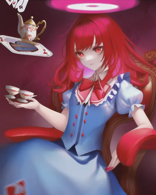 Alice in Wonderland with Red Hair, surrounded by teacups and playing cards, glowing neon, colorful