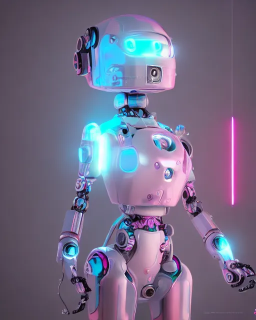 cute adorable robot android punk girl, submissive, lighted from inside, choker, pink and blue electricity, complex mechanical gears, diy, blue print,, scifi, highly detailed, octane render, 8k