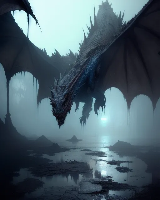 An eerie, rotting dragon, blood stains everywhere and a blue tint of fog covering the floor