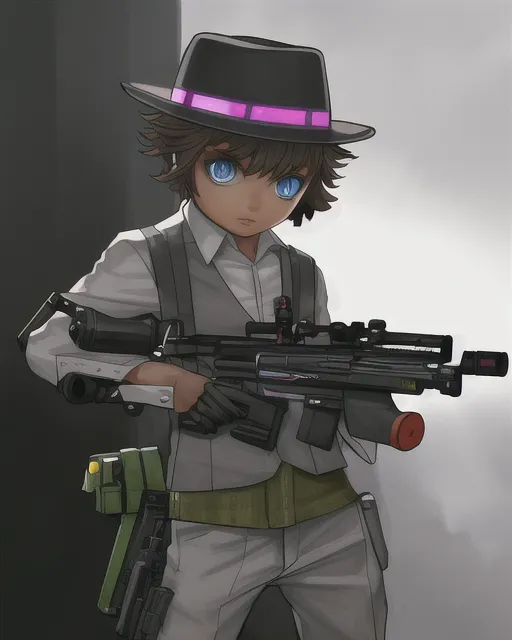 Sci fi child cyborg holding a blaster rifle wearing a fedora