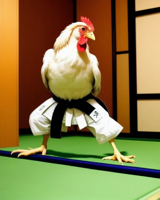 A chicken doing ninja moves in a Japanese dojo