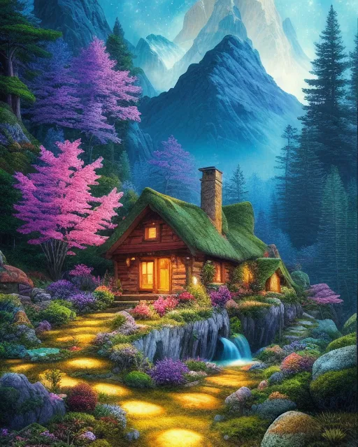 Dreamscape mountais, forest, small cottage,  realistic and natural,  detailed full-color,  hd photography,  fantasy by john stephens,  galen rowell,  david muench,  james mccarthy,  hirō isono,  magical,  detailed,  gloss, fantasy art, galactic, beautiful, colorful, vibrant