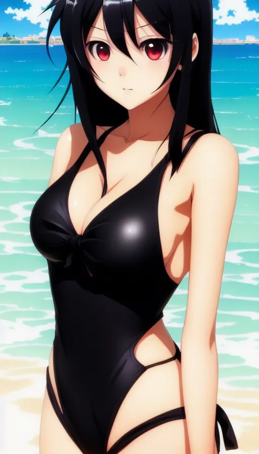 Anime girl school swimsuit black shy AI Photo Generator starryai