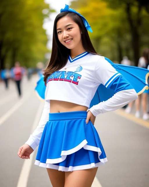 Cute Cheerleader With blue skirt and dragon wings lifted her skirt