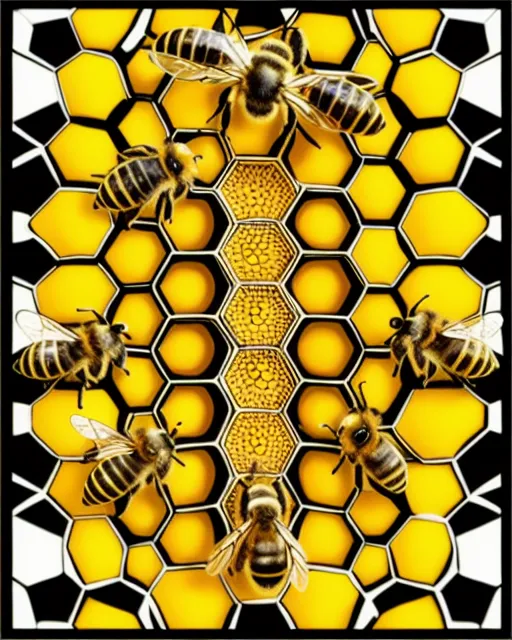 Bees, beehive, honey, sacred geometry, vibrant